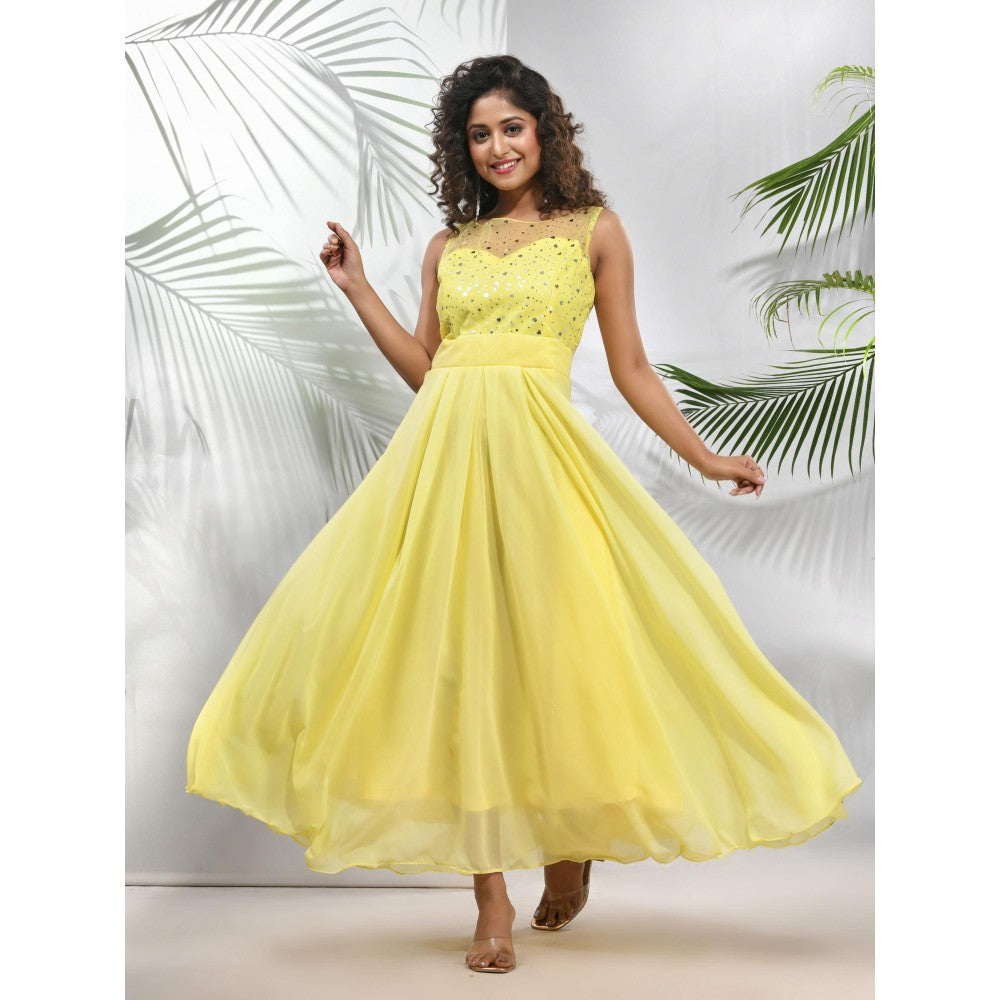 CHARUKRITI Yellow Georgette Gown with Bow