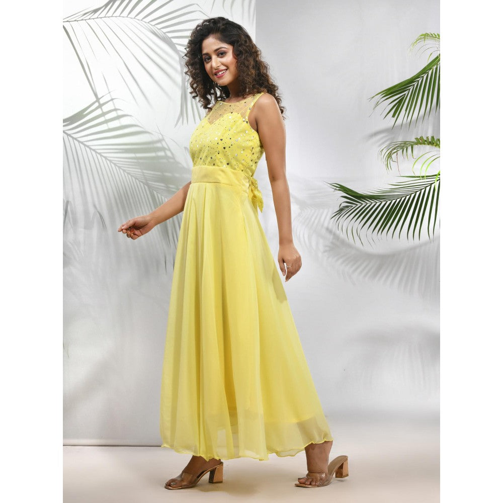 CHARUKRITI Yellow Georgette Gown with Bow