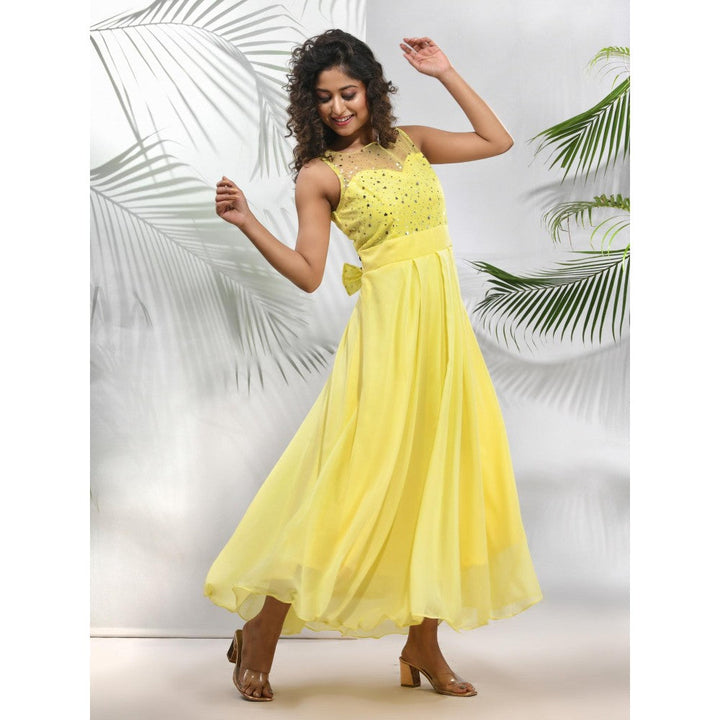 CHARUKRITI Yellow Georgette Gown with Bow