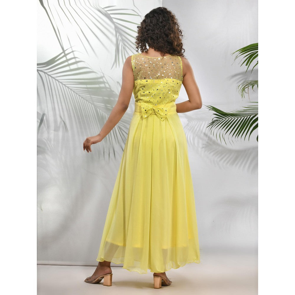 CHARUKRITI Yellow Georgette Gown with Bow