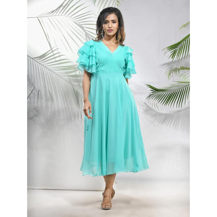 CHARUKRITI Sea Green Georgette Midi Dress with Ruffle Sleeves