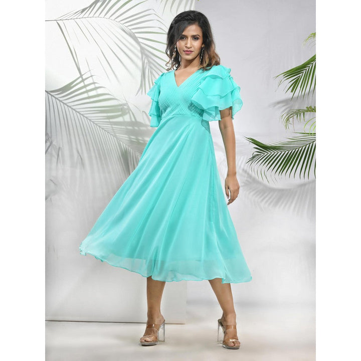 CHARUKRITI Sea Green Georgette Midi Dress with Ruffle Sleeves