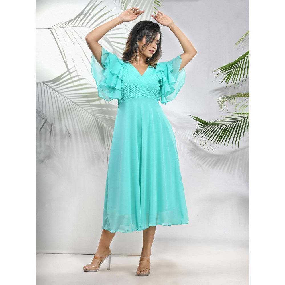 CHARUKRITI Sea Green Georgette Midi Dress with Ruffle Sleeves