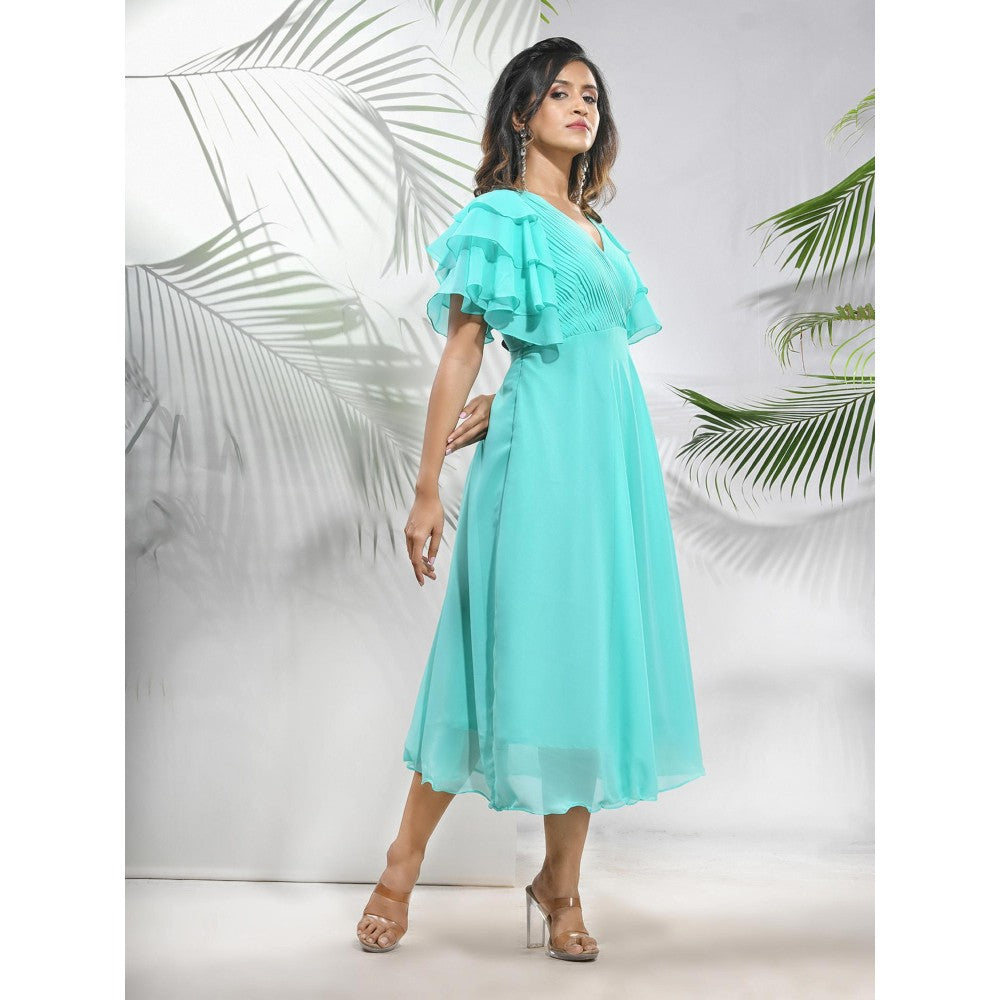 CHARUKRITI Sea Green Georgette Midi Dress with Ruffle Sleeves