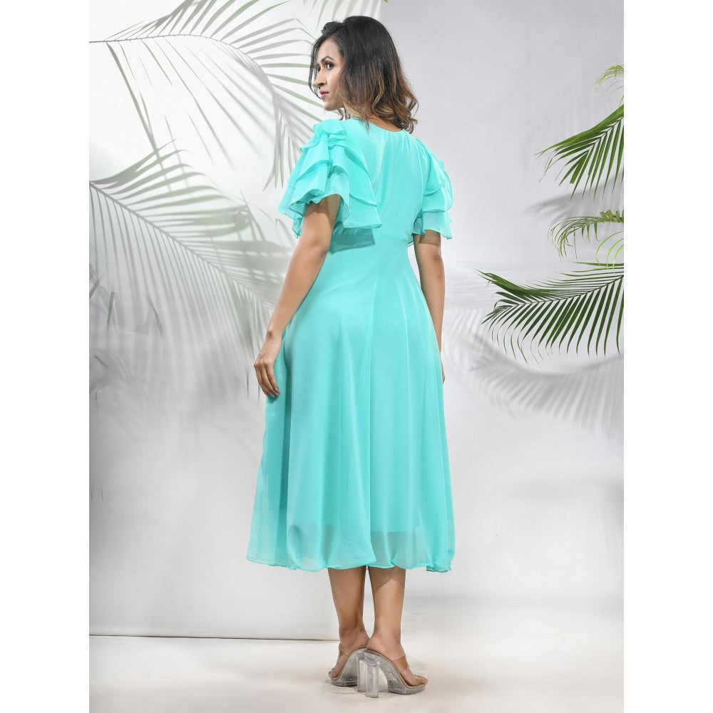 CHARUKRITI Sea Green Georgette Midi Dress with Ruffle Sleeves