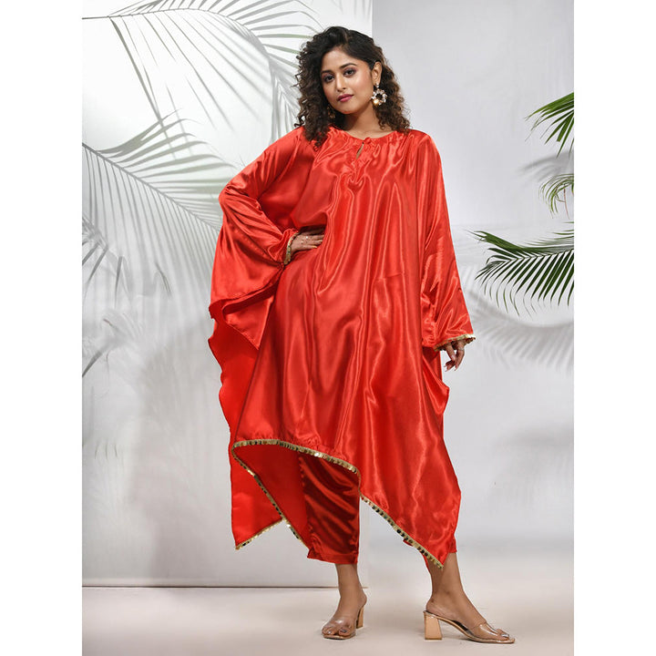 CHARUKRITI Red Solid Kaftan & Straight Pant with Sequins (Set of 2)