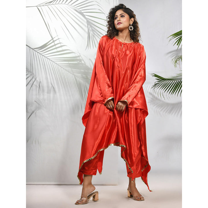 CHARUKRITI Red Solid Kaftan & Straight Pant with Sequins (Set of 2)