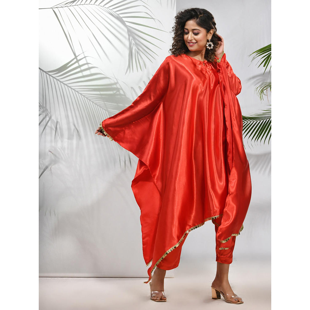 CHARUKRITI Red Solid Kaftan & Straight Pant with Sequins (Set of 2)