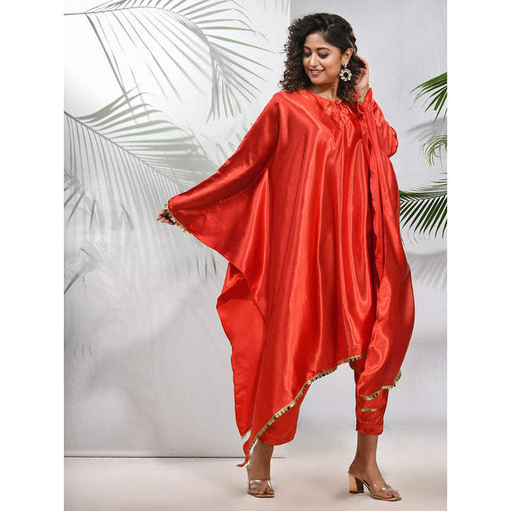 CHARUKRITI Red Solid Kaftan & Straight Pant with Sequins (Set of 2)