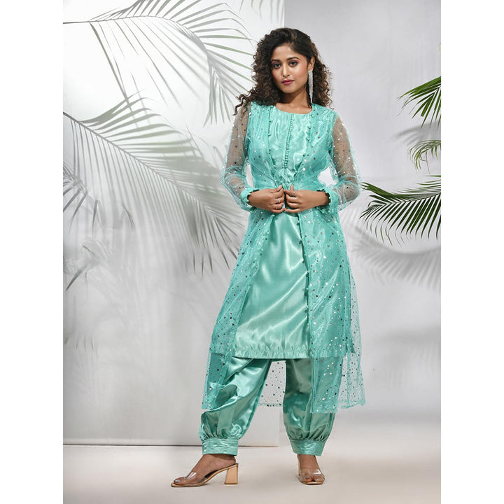 CHARUKRITI Mint Green Satin Kurta with Net Jacket and Pant (Set of 3)