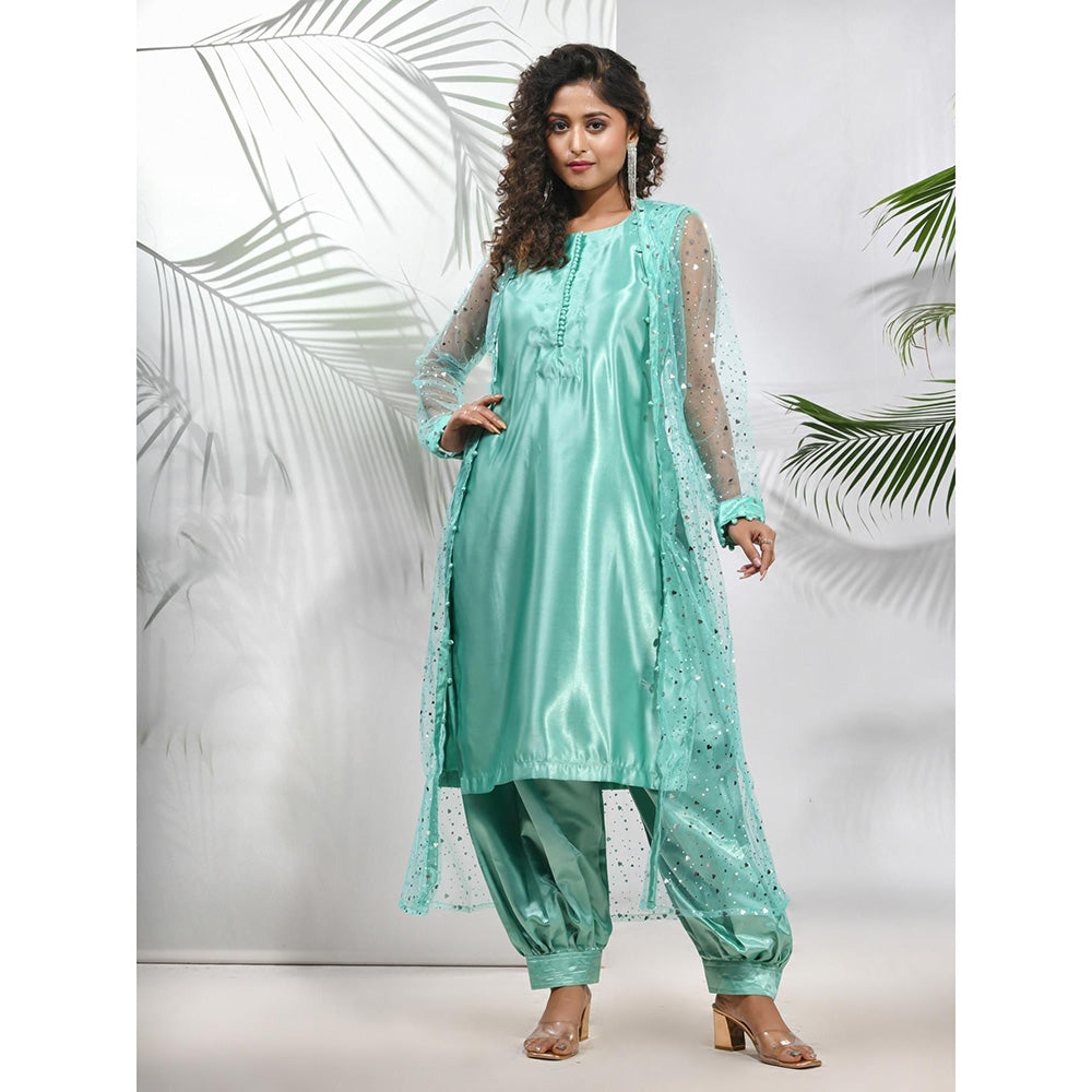 CHARUKRITI Mint Green Satin Kurta with Net Jacket and Pant (Set of 3)