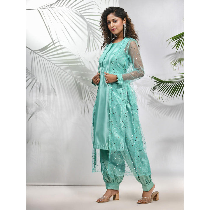 CHARUKRITI Mint Green Satin Kurta with Net Jacket and Pant (Set of 3)