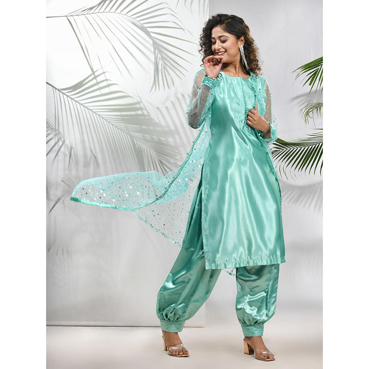 CHARUKRITI Mint Green Satin Kurta with Net Jacket and Pant (Set of 3)