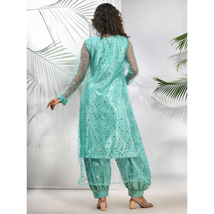 CHARUKRITI Mint Green Satin Kurta with Net Jacket and Pant (Set of 3)