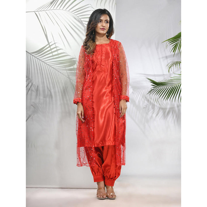 CHARUKRITI Red Satin Kurta with Net Jacket and Pant (Set of 3)