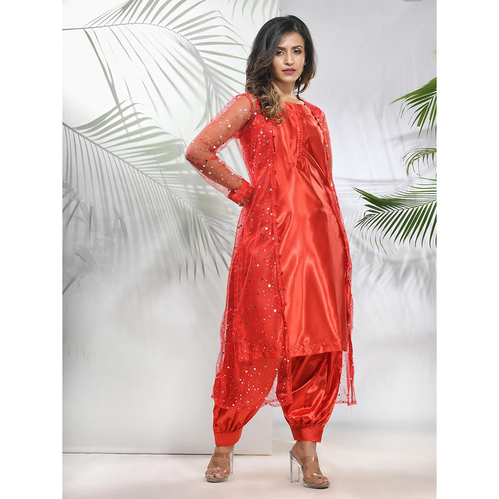 CHARUKRITI Red Satin Kurta with Net Jacket and Pant (Set of 3)