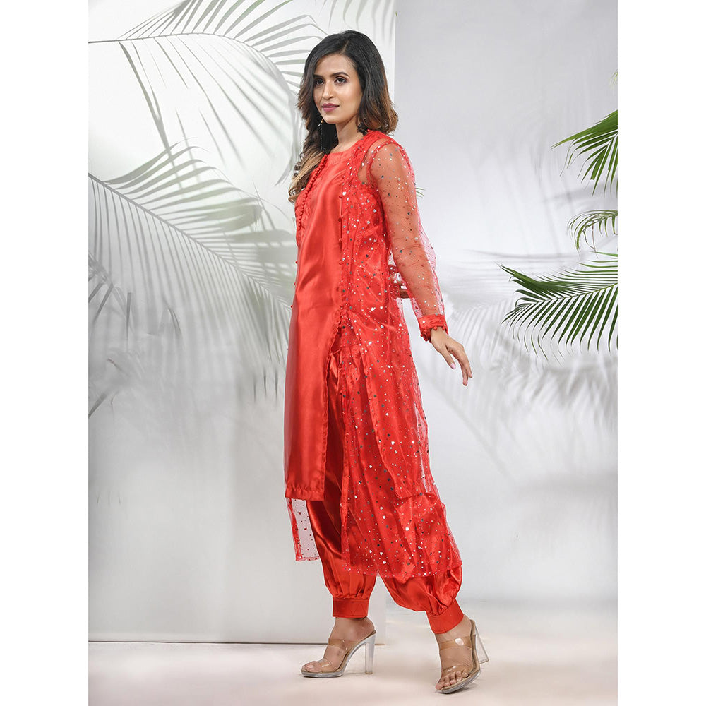 CHARUKRITI Red Satin Kurta with Net Jacket and Pant (Set of 3)