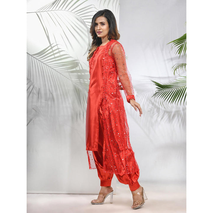 CHARUKRITI Red Satin Kurta with Net Jacket and Pant (Set of 3)