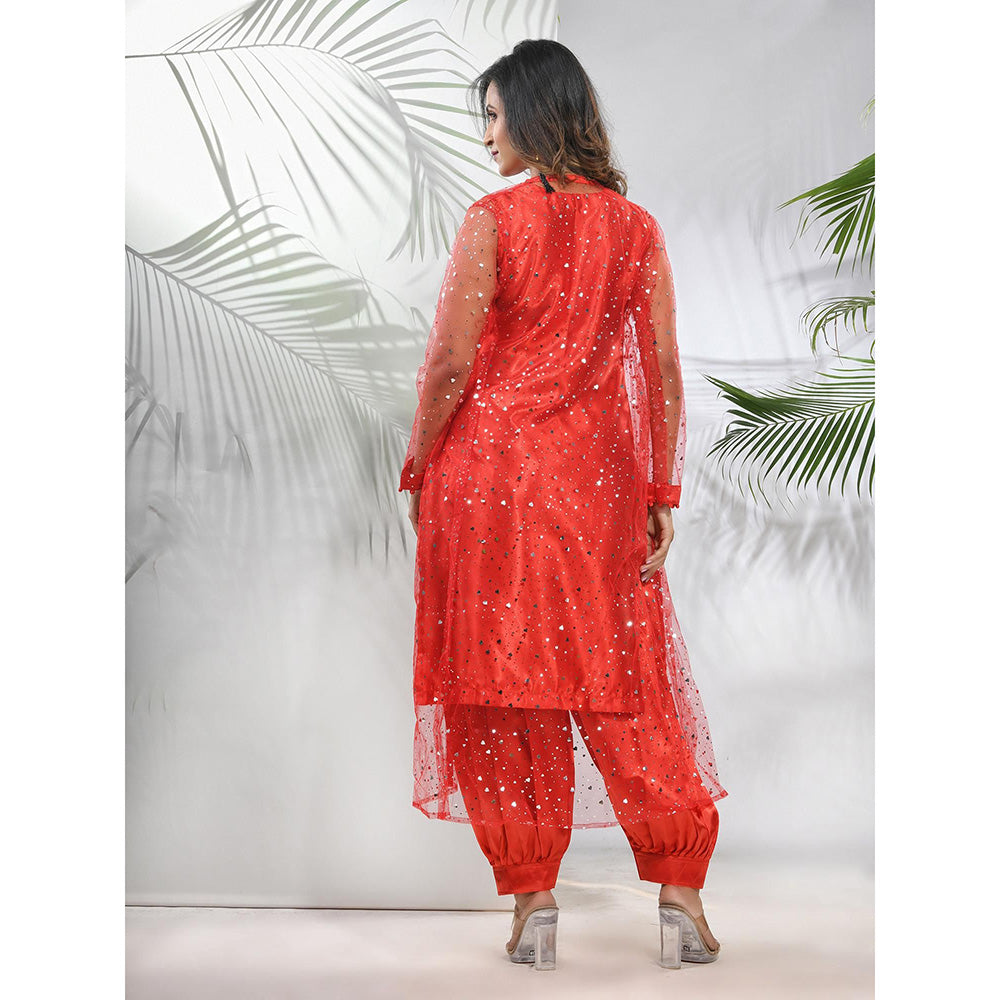 CHARUKRITI Red Satin Kurta with Net Jacket and Pant (Set of 3)