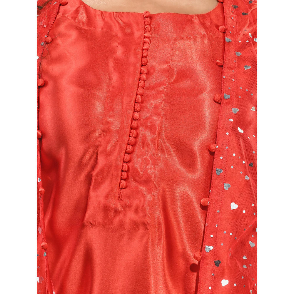 CHARUKRITI Red Satin Kurta with Net Jacket and Pant (Set of 3)