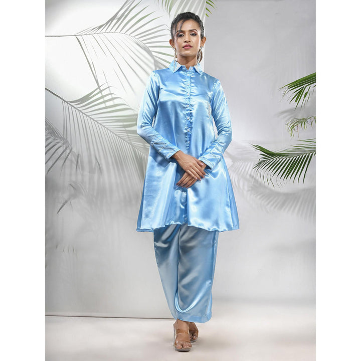 CHARUKRITI Sky Blue Satin Co-Ord with Beads Work (Set of 2)