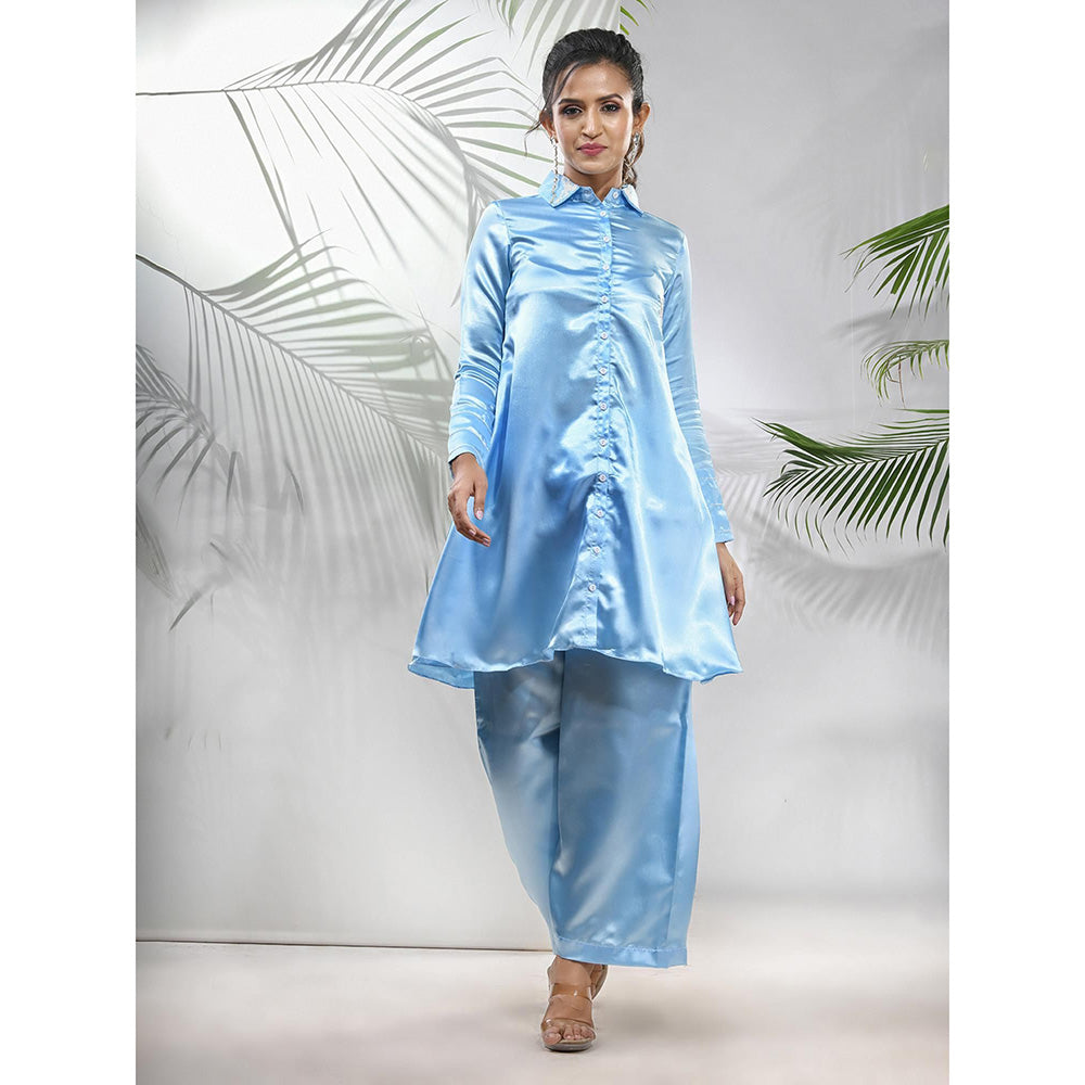 CHARUKRITI Sky Blue Satin Co-Ord with Beads Work (Set of 2)