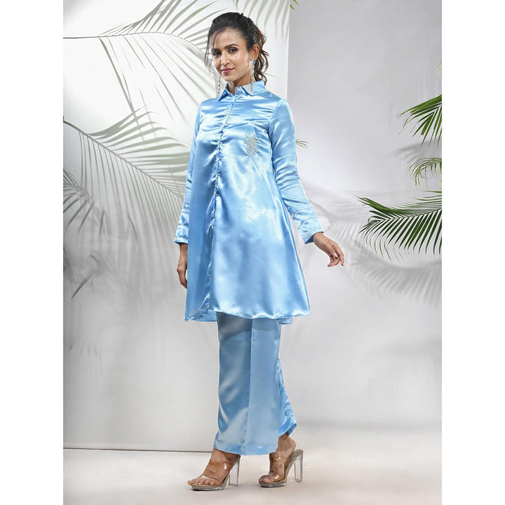 CHARUKRITI Sky Blue Satin Co-Ord with Beads Work (Set of 2)