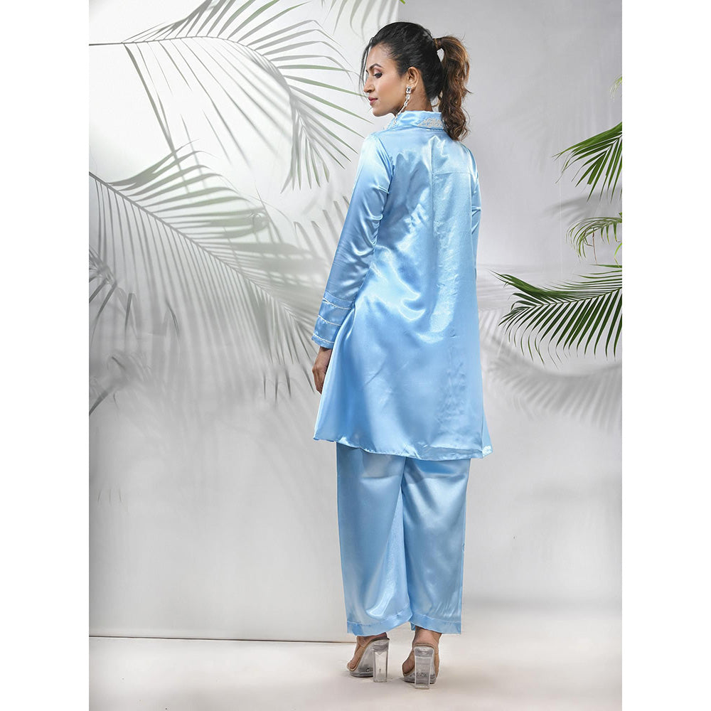 CHARUKRITI Sky Blue Satin Co-Ord with Beads Work (Set of 2)