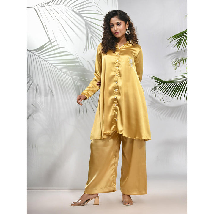 CHARUKRITI Mustard Satin Co-Ord with Beads Work (Set of 2)