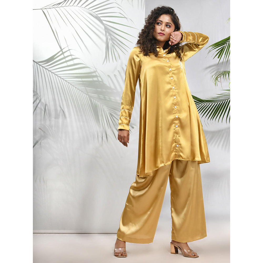 CHARUKRITI Mustard Satin Co-Ord with Beads Work (Set of 2)