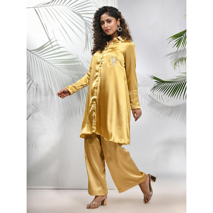 CHARUKRITI Mustard Satin Co-Ord with Beads Work (Set of 2)