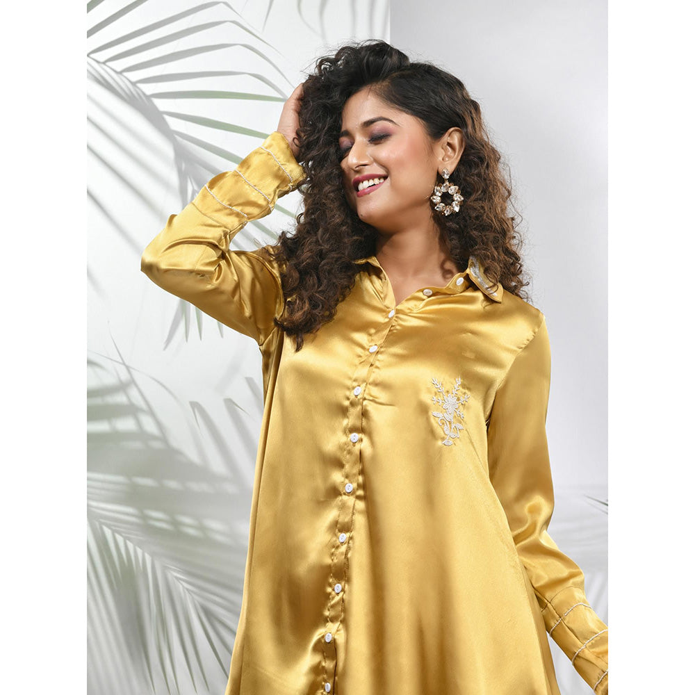 CHARUKRITI Mustard Satin Co-Ord with Beads Work (Set of 2)