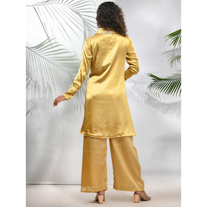 CHARUKRITI Mustard Satin Co-Ord with Beads Work (Set of 2)