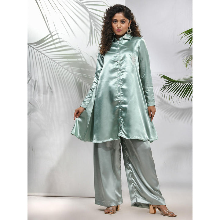 CHARUKRITI Sage Green Satin Co-Ord with Beads Work (Set of 2)