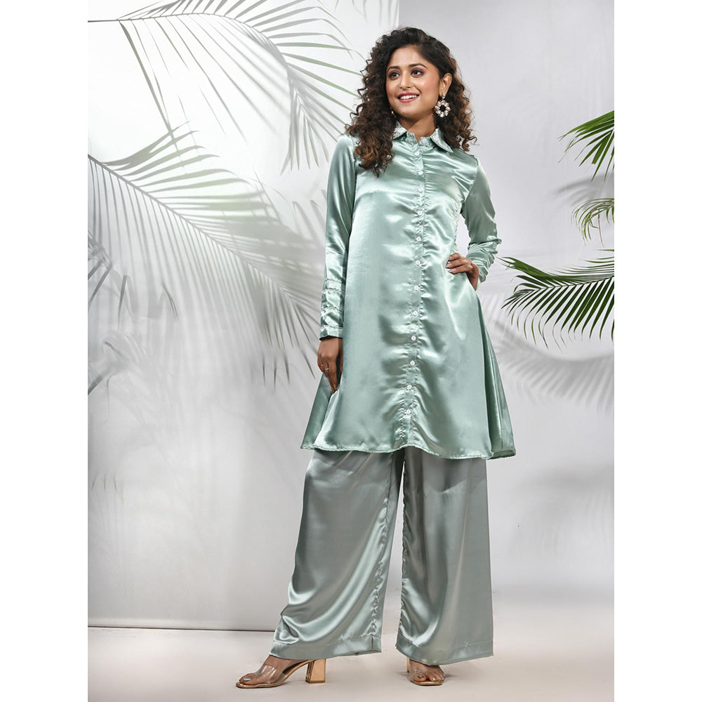 CHARUKRITI Sage Green Satin Co-Ord with Beads Work (Set of 2)