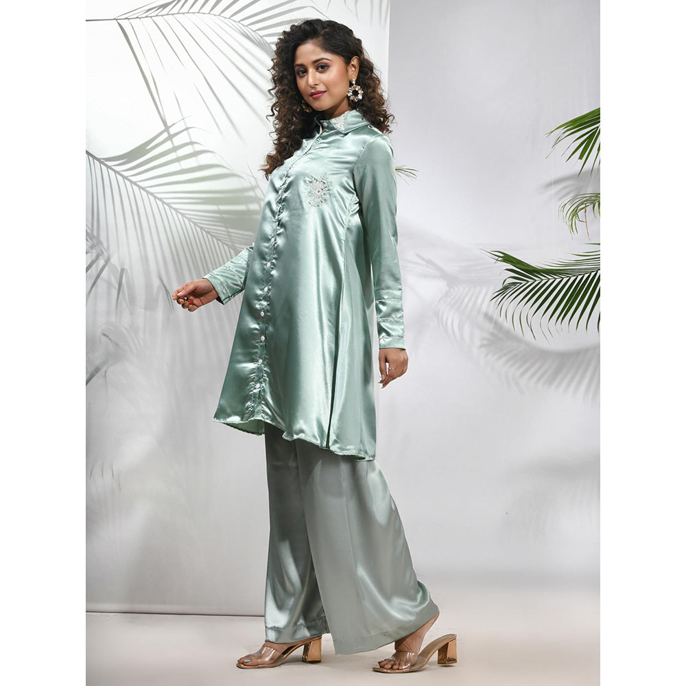 CHARUKRITI Sage Green Satin Co-Ord with Beads Work (Set of 2)