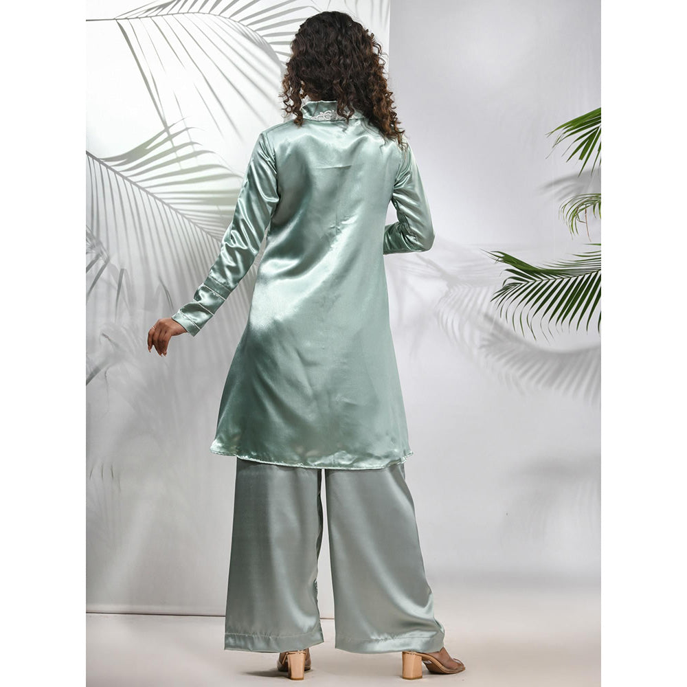 CHARUKRITI Sage Green Satin Co-Ord with Beads Work (Set of 2)