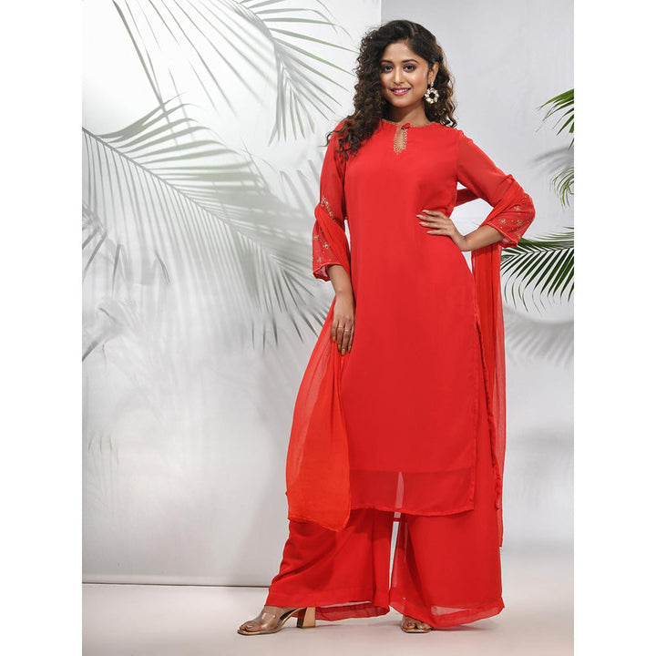 CHARUKRITI Red Georgette Kurta with Palazzo and Dupatta with Beads Work (Set of 3)