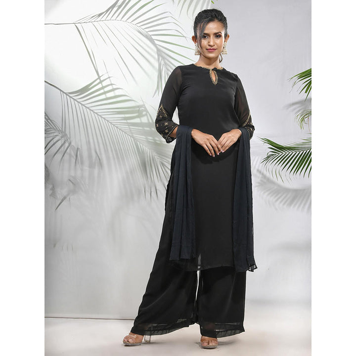 CHARUKRITI Black Georgette Kurta with Palazzo and Dupatta with Beads Work (Set of 3)