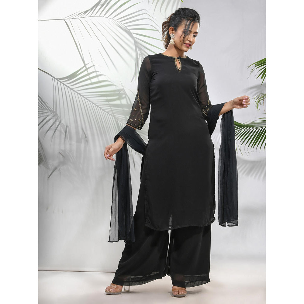 CHARUKRITI Black Georgette Kurta with Palazzo and Dupatta with Beads Work (Set of 3)