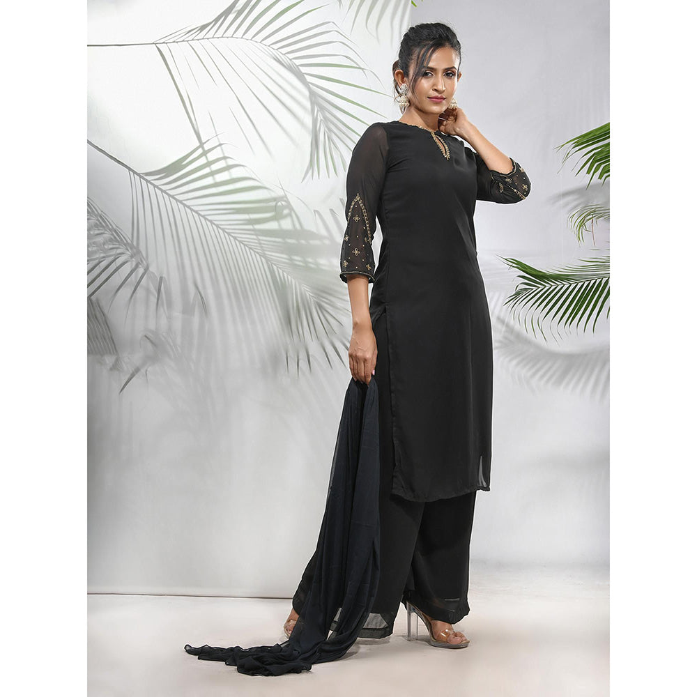 CHARUKRITI Black Georgette Kurta with Palazzo and Dupatta with Beads Work (Set of 3)