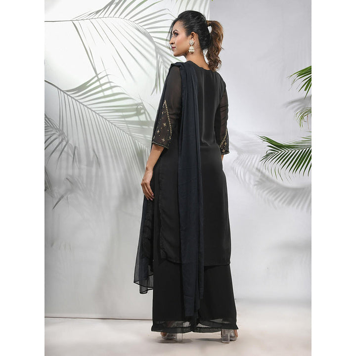 CHARUKRITI Black Georgette Kurta with Palazzo and Dupatta with Beads Work (Set of 3)