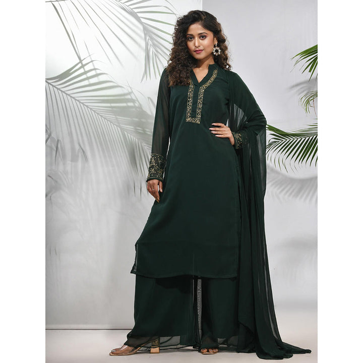 CHARUKRITI Emerald Green Georgette Kurta with Palazzo and Dupatta with Beads Work (Set of 3)