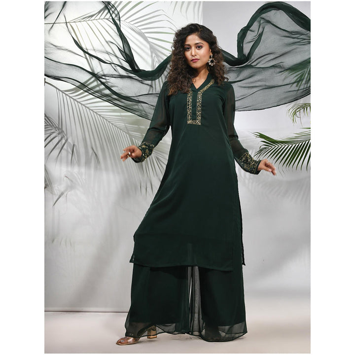 CHARUKRITI Emerald Green Georgette Kurta with Palazzo and Dupatta with Beads Work (Set of 3)