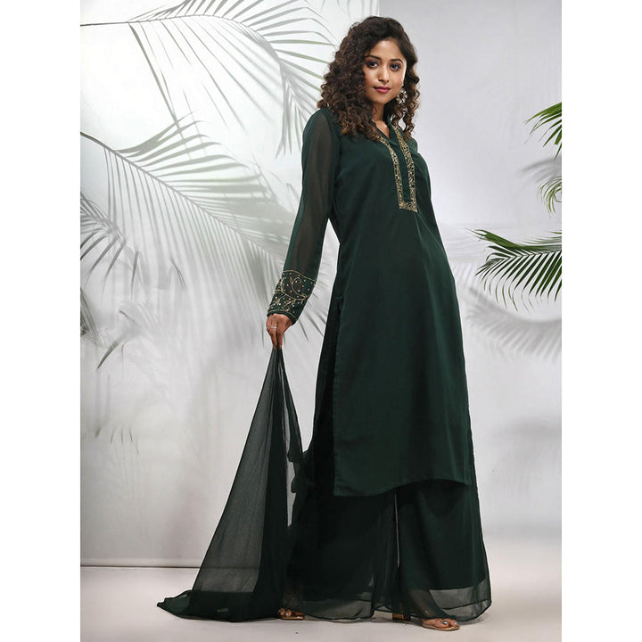 CHARUKRITI Emerald Green Georgette Kurta with Palazzo and Dupatta with Beads Work (Set of 3)