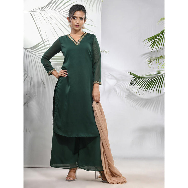 CHARUKRITI Emerald Green Georgette Kurta with Palazzo and Dupatta with Beads Work (Set of 3)