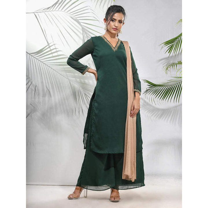 CHARUKRITI Emerald Green Georgette Kurta with Palazzo and Dupatta with Beads Work (Set of 3)