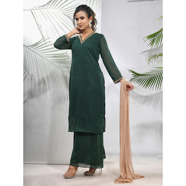 CHARUKRITI Emerald Green Georgette Kurta with Palazzo and Dupatta with Beads Work (Set of 3)