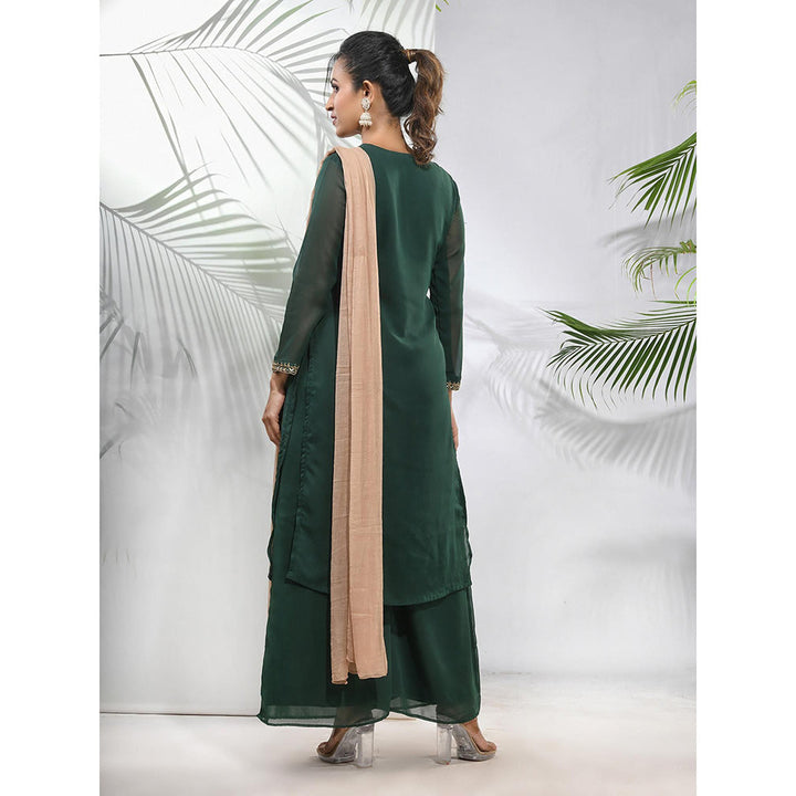 CHARUKRITI Emerald Green Georgette Kurta with Palazzo and Dupatta with Beads Work (Set of 3)