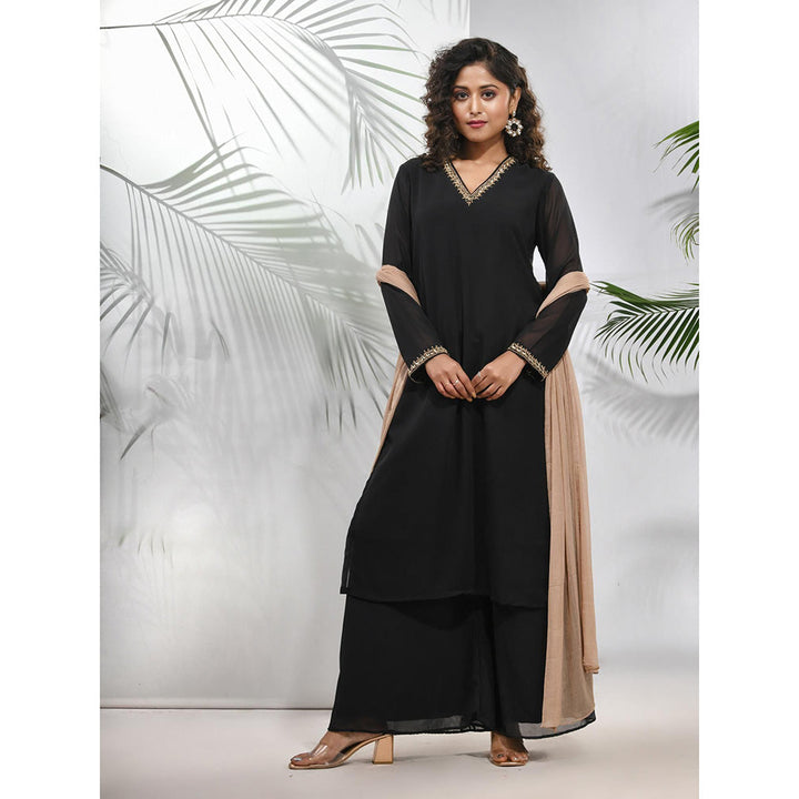 CHARUKRITI Black Georgette Kurta with Palazzo and Dupatta with Beads Work (Set of 3)